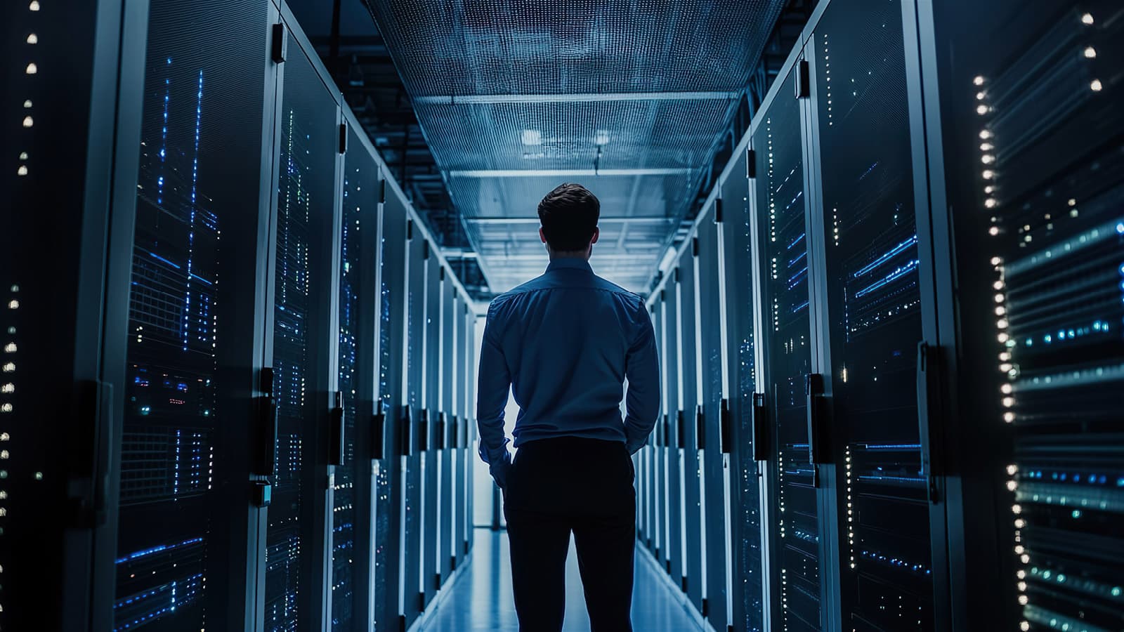 IT Ops person standing between two rows of server racks